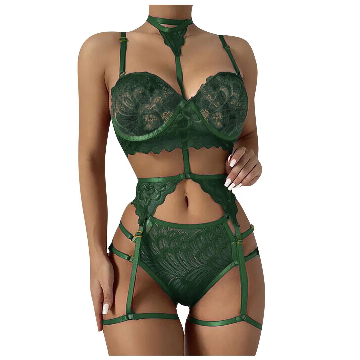 Women's Black Feather Lace 4 Piece Strappy Harness Lingerie Set Sexy Push Up Bra High Waist Panty Garter Belt and Leg Band Set