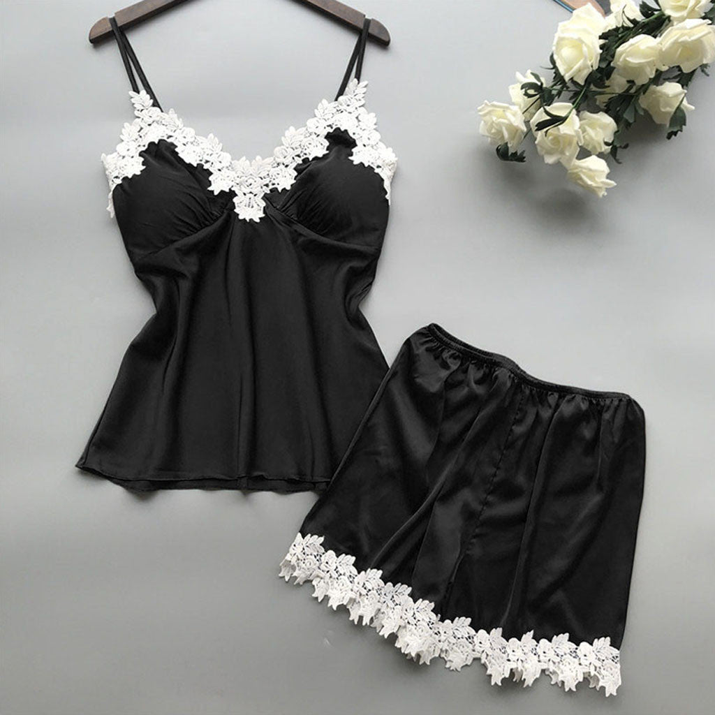 Pigiama da donna in raso malva con stampa cuori bianchi, canotta e pantaloncini con pizzo - Completo da notte in seta a 2 pezzi