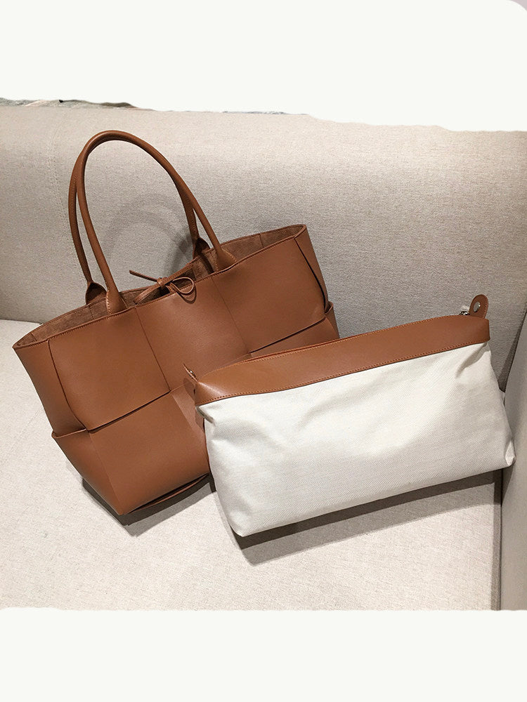 Women's Genuine Leather Woven Tote Bag - Large Intrecciato Weave Handbag in Tan Cognac Brown - Luxury Structured Top Handle Shopper Bag - Designer Inspired Everyday Work Bag