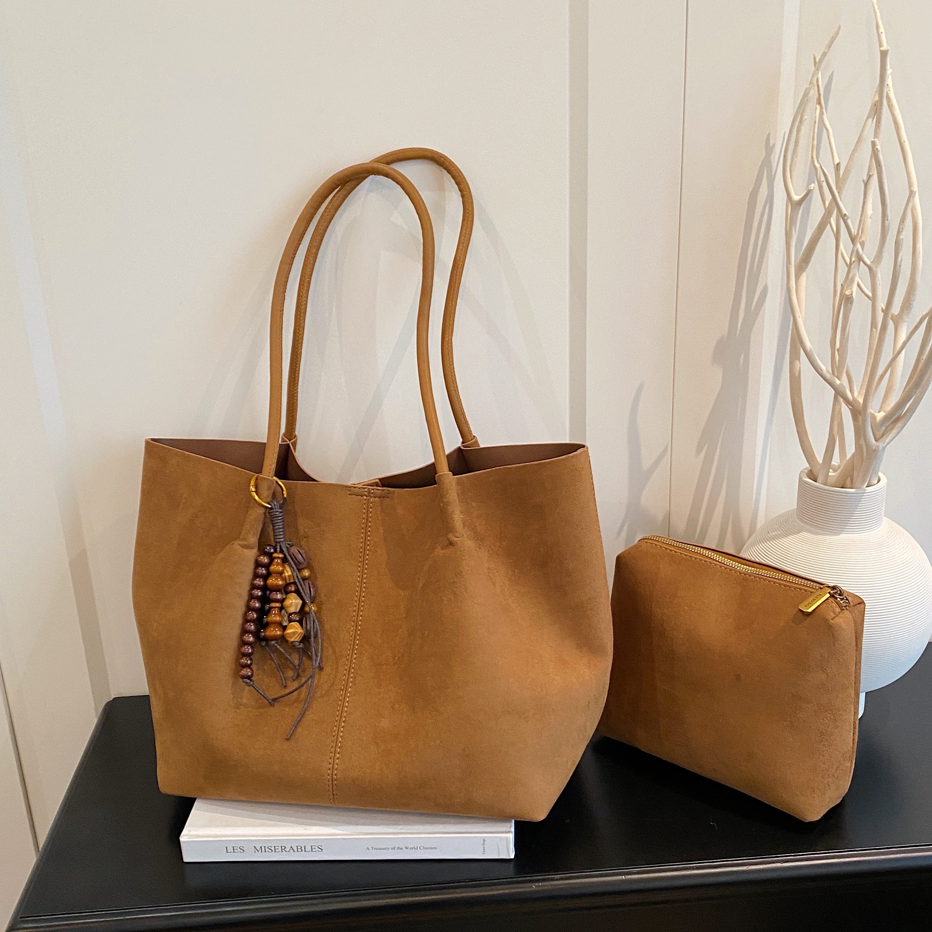 Olive Green Suede Tote Bag with Wooden Bead Charm | Large Shoulder Bag