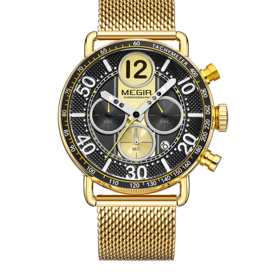 MEGIR Chronograph Men's Watch | Sky Blue Dial Gold Mesh Bracelet Tachymeter Multifunction Sport Luxury Timepiece