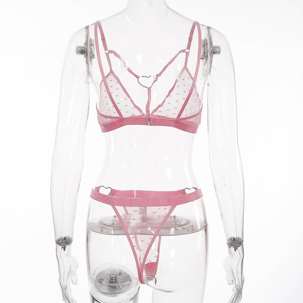 Women's Pink Sheer Mesh Heart Print Strappy Bralette & Thong Set ? Sexy 2-Piece Heart Ring Hardware Lingerie Set
