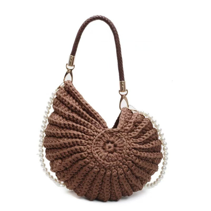White Crochet Shell Bag | Pearl Chain Strap Handbag Woven Shoulder Purse for Women