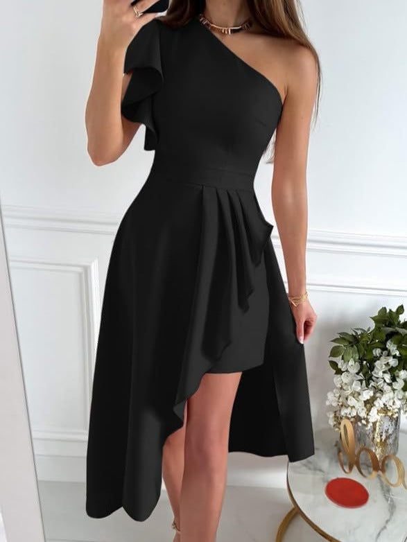 Schwarzes One-Shoulder-Kleid mit Rüschen und asymmetrischem Saum | Ärmelloses High-Low-Cocktailpartykleid für Damen