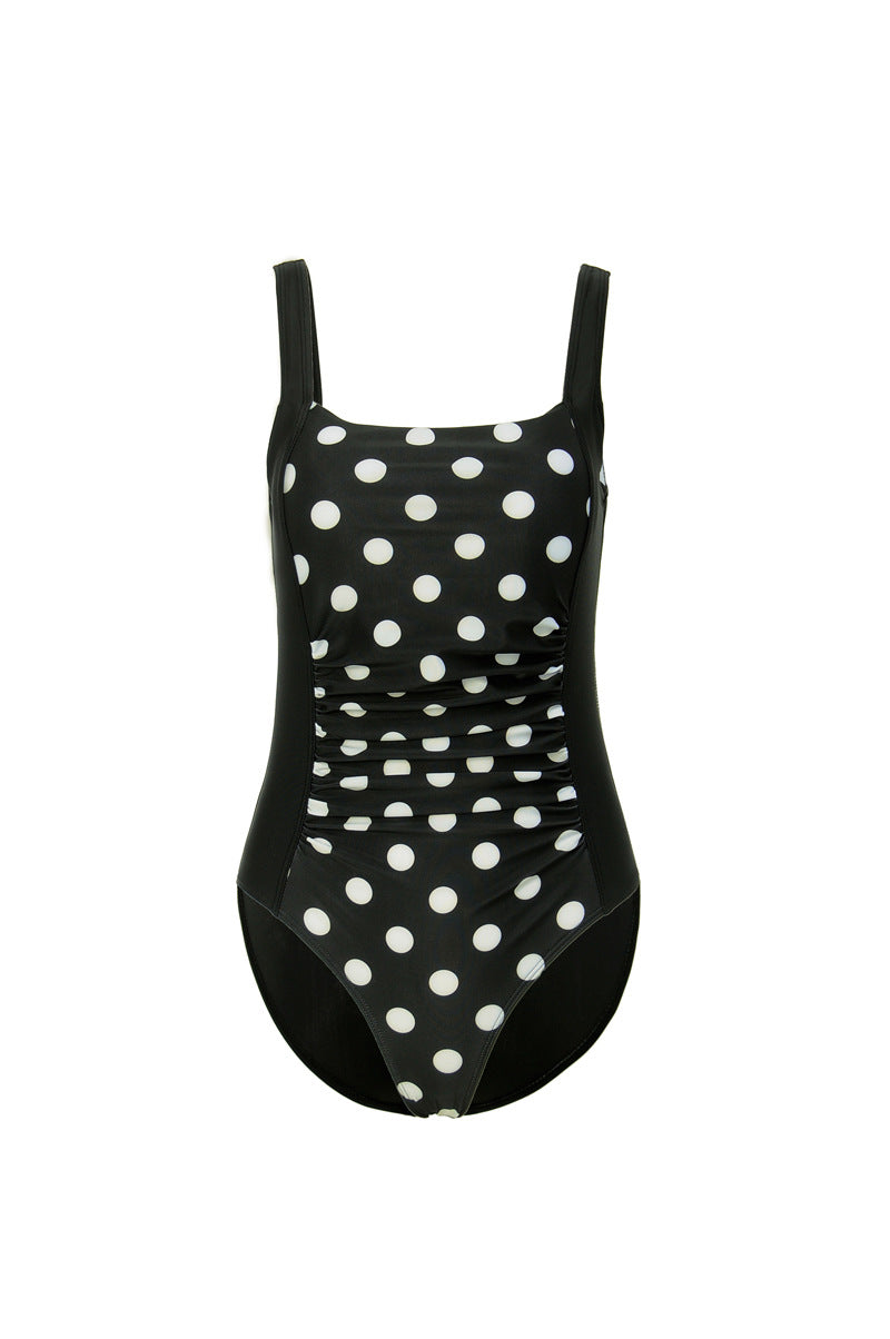 Black Ruched One-Piece Swimsuit | Square Neck Wide Strap Tummy Control Swimwear | Slimming Monokini for Women
