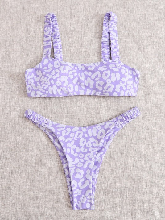 Colorful Leopard Print Bikini Set, Square Neck Crop Top & High Cut Bottom, Women Two Piece Swimwear, Multi Color Animal Print Swimsuit, Beach Vacation Bathing Suit