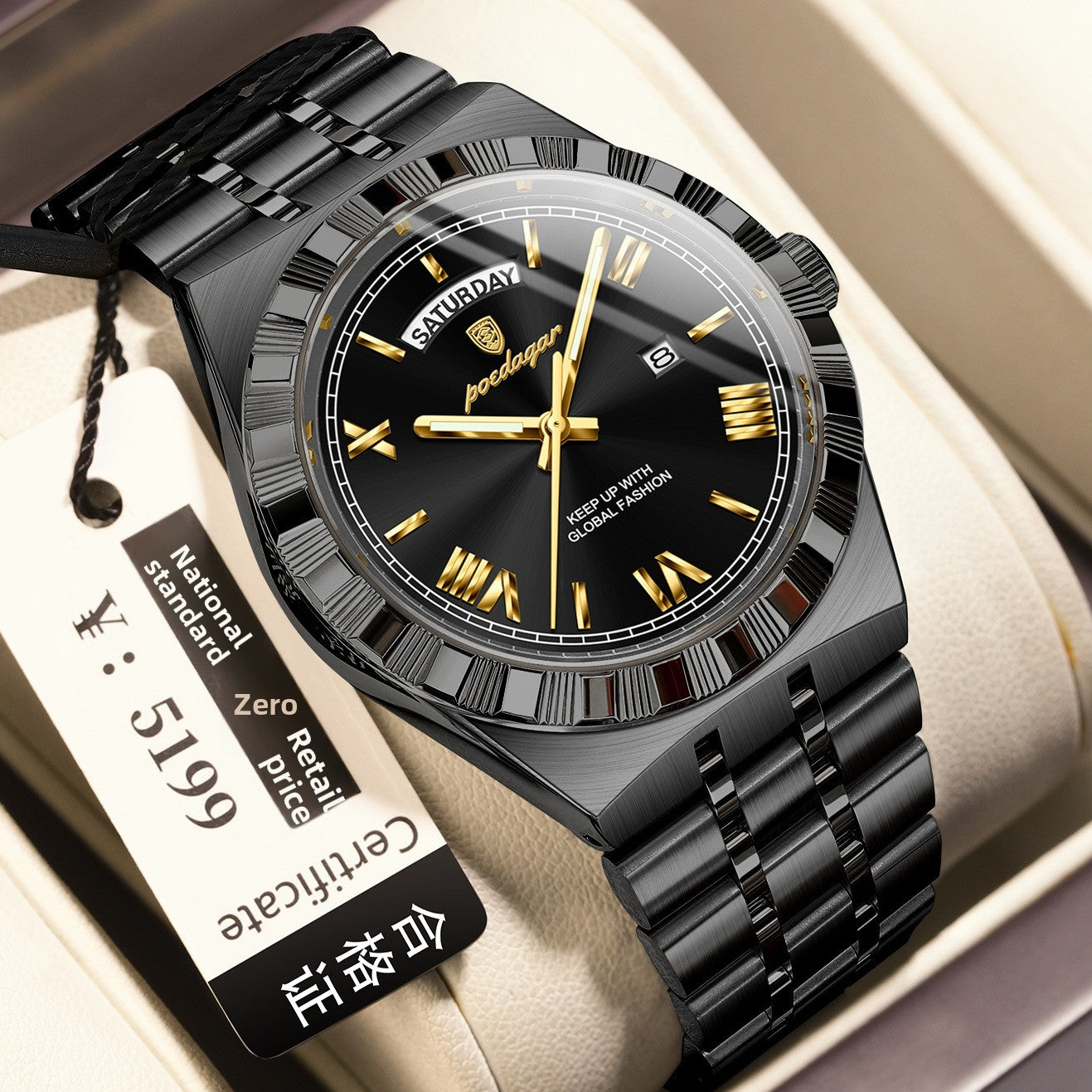 Poedagar Silver Stainless Steel Black Dial Luxury Watch | Day Date Roman Numeral Men's Dress Watch | Waterproof Quartz Wristwatch