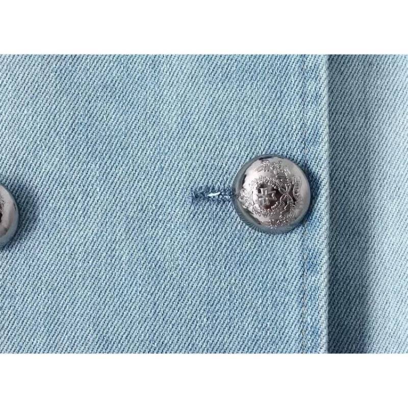 Women's Light Blue Denim Trench Coat Jacket - Double Breasted Lapel Jean Jacket with Epaulettes & Button Cuffs - Oversized Loose Fit Casual Outerwear for Spring Fall