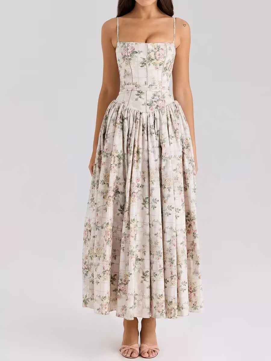 Abito midi a corsetto bianco | Stili con spalline sottili e maniche a sbuffo | Abito con gonna a pieghe floreale e tinta unita