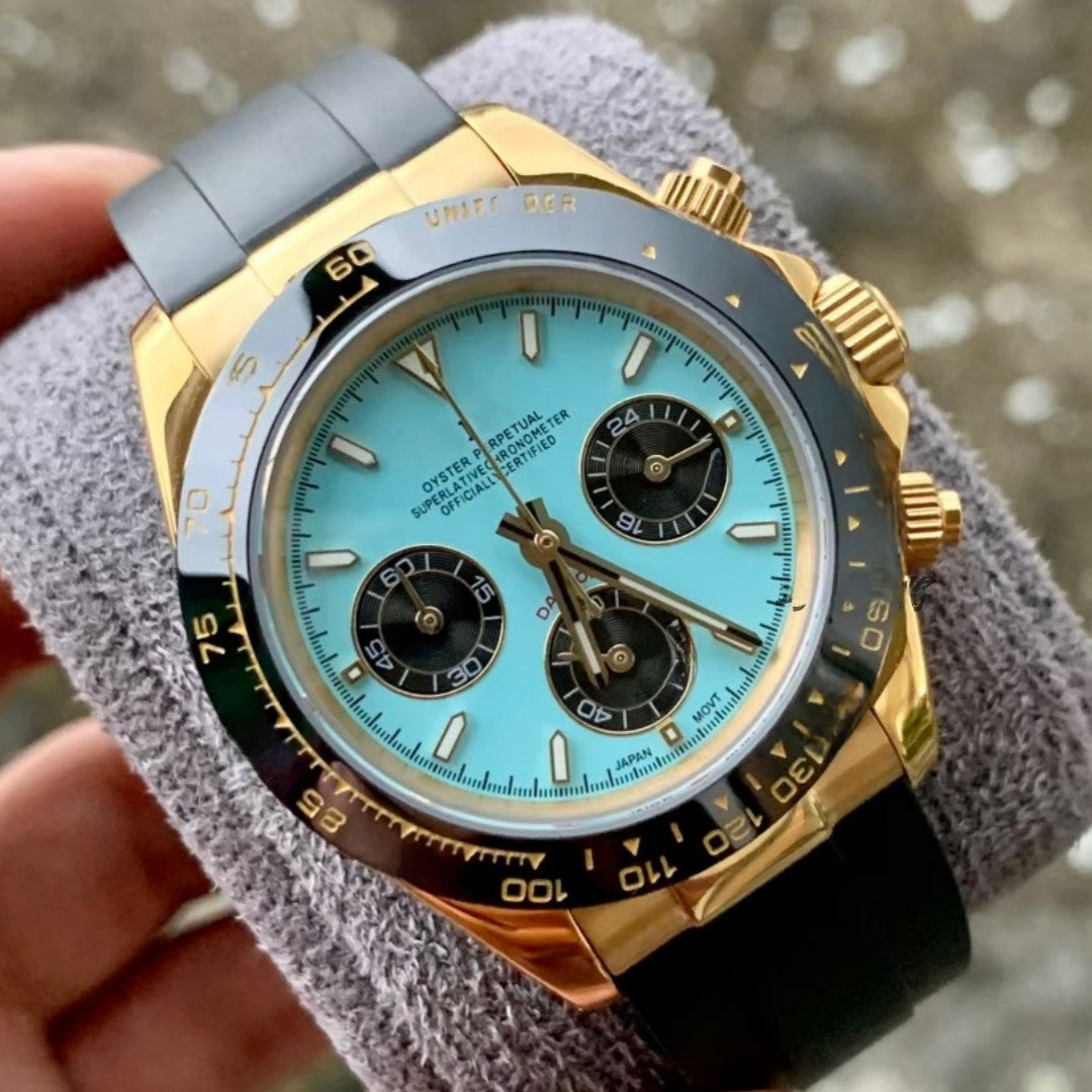 Men's Ice Blue Chronograph Watch | Daytona Style Black Ceramic Tachymeter Bezel 904L Steel Oyster Bracelet | Racing Sport Timepiece