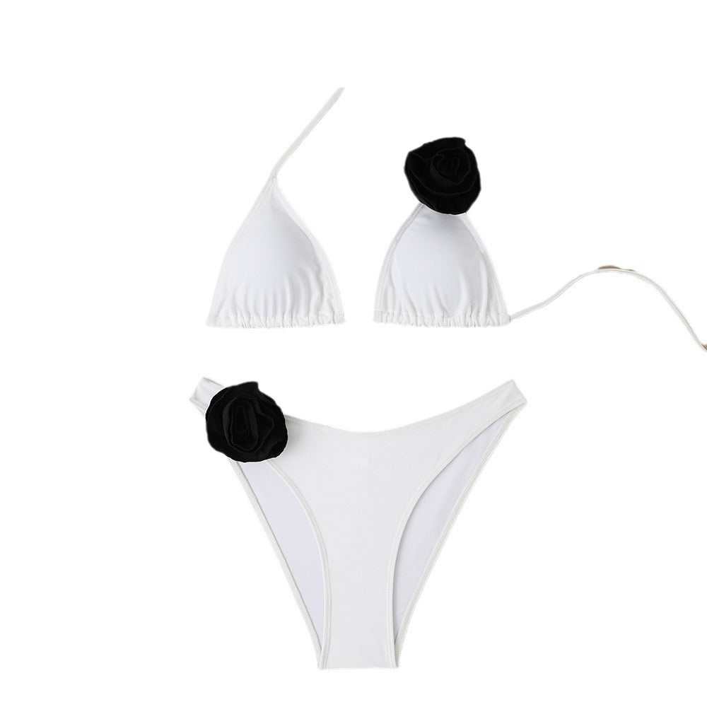 White 3D Rose Flower Bikini Set, Triangle Halter Top & High Cut Bottom, Women Luxury Floral Appliqu� Swimwear, Elegant Black Rose Beach Swimsuit, Bridal Honeymoon Bathing Suit