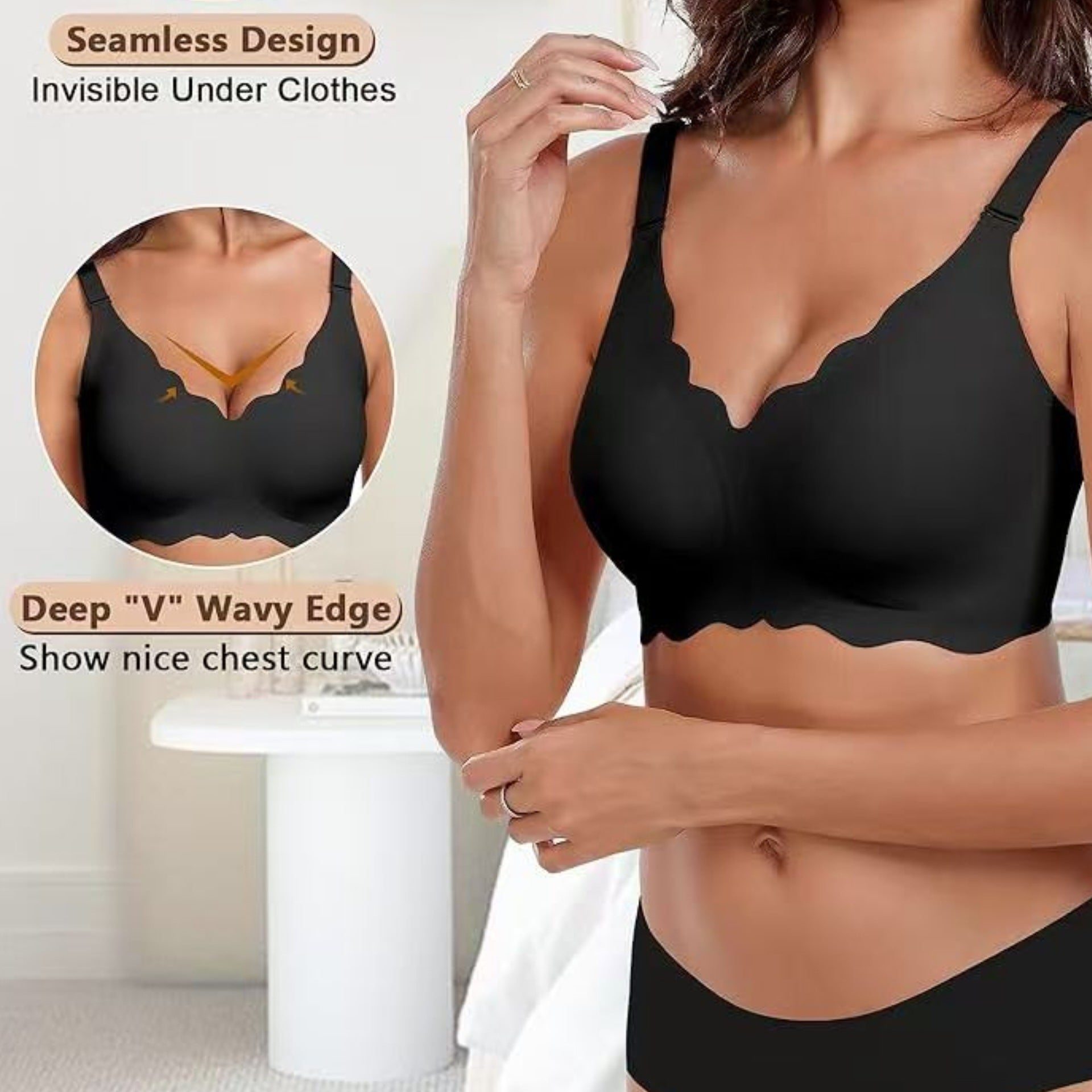 Women's Nude Seamless Wireless Lifting Bra with Scallop Edge, Adjustable Straps and Back Hook Closure for Comfort Support
