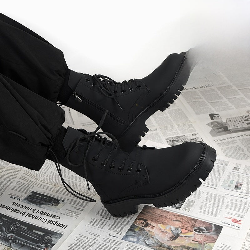 Black Combat Boots Men Women Lace Up Side Zip Platform Military Ankle Boots Matte Leather Tactical Boots