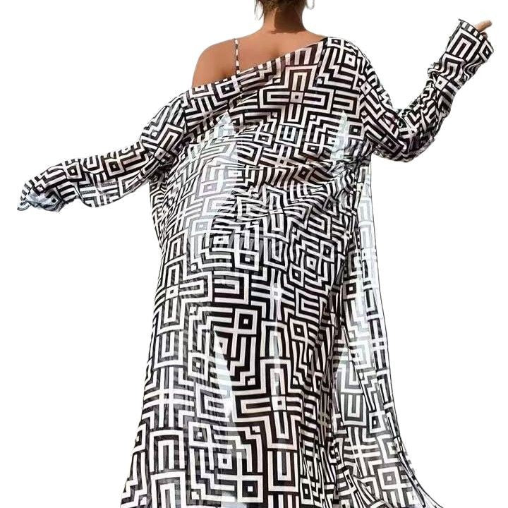 Geometric Maze Print 3-Piece Bikini Set, Front Tie Crop Top & High Waist Shorts with Long Kimono Cover Up, Women Brown Cream Swimwear, Luxury Matching Beach Outfit, Resort Vacation Swimsuit