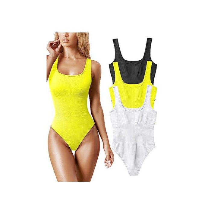Ribbed Thong Bodysuit for Women | Scoop Neck Sleeveless Fitted Body Suit | 8 Colors Seamless Stretch Tank Bodysuit