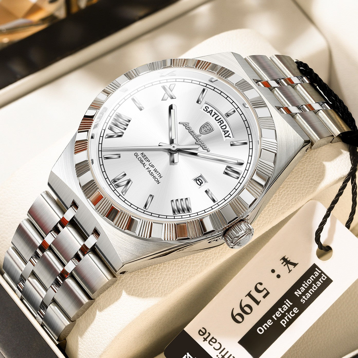 Poedagar Silver Stainless Steel Black Dial Luxury Watch | Day Date Roman Numeral Men's Dress Watch | Waterproof Quartz Wristwatch