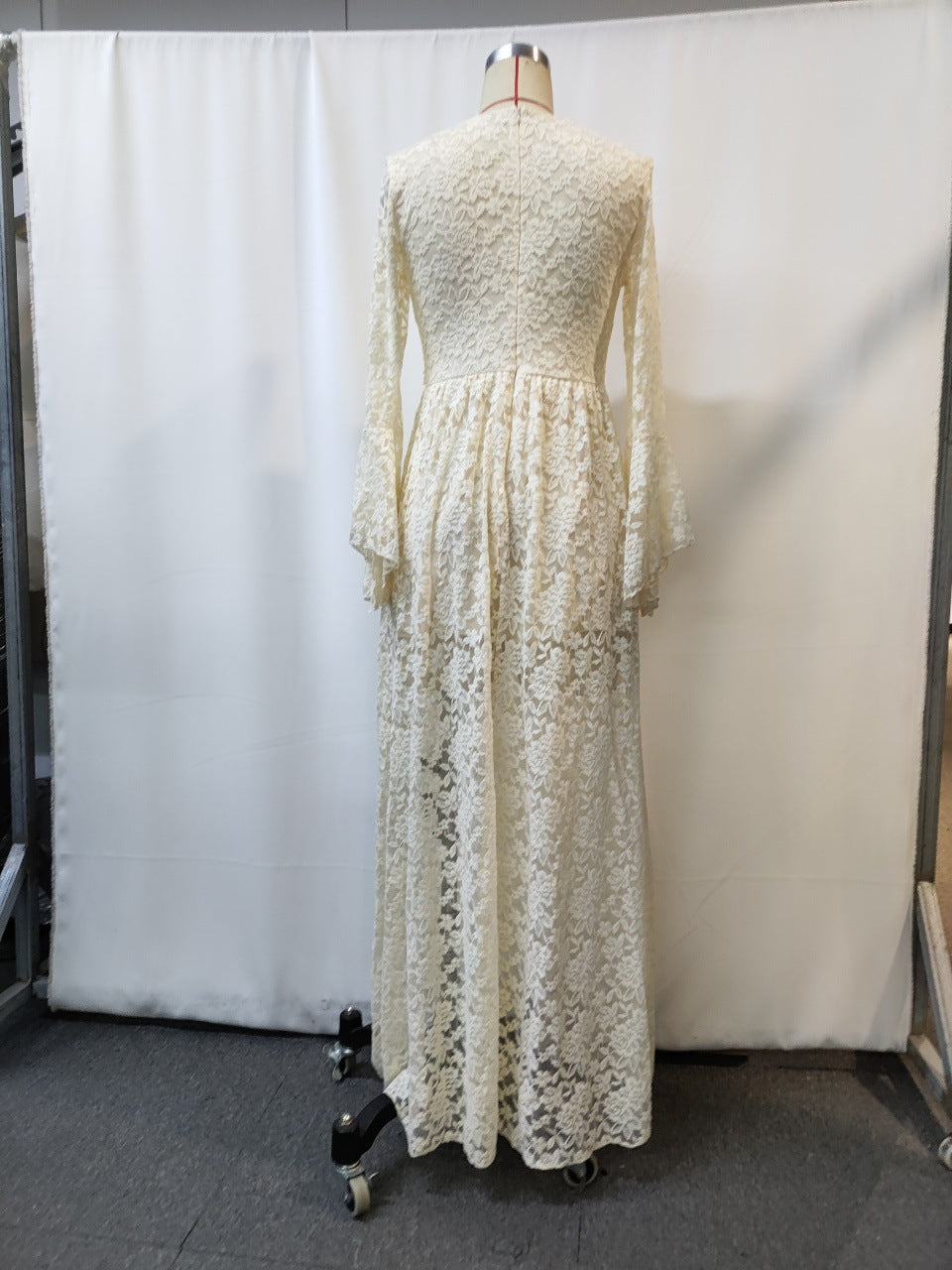 Boho Lace Bell Sleeve Maxi Dress | Cream Floral Crochet V-Neck Tiered Floor Length Dress | Bohemian Wedding Festival Dress for Women