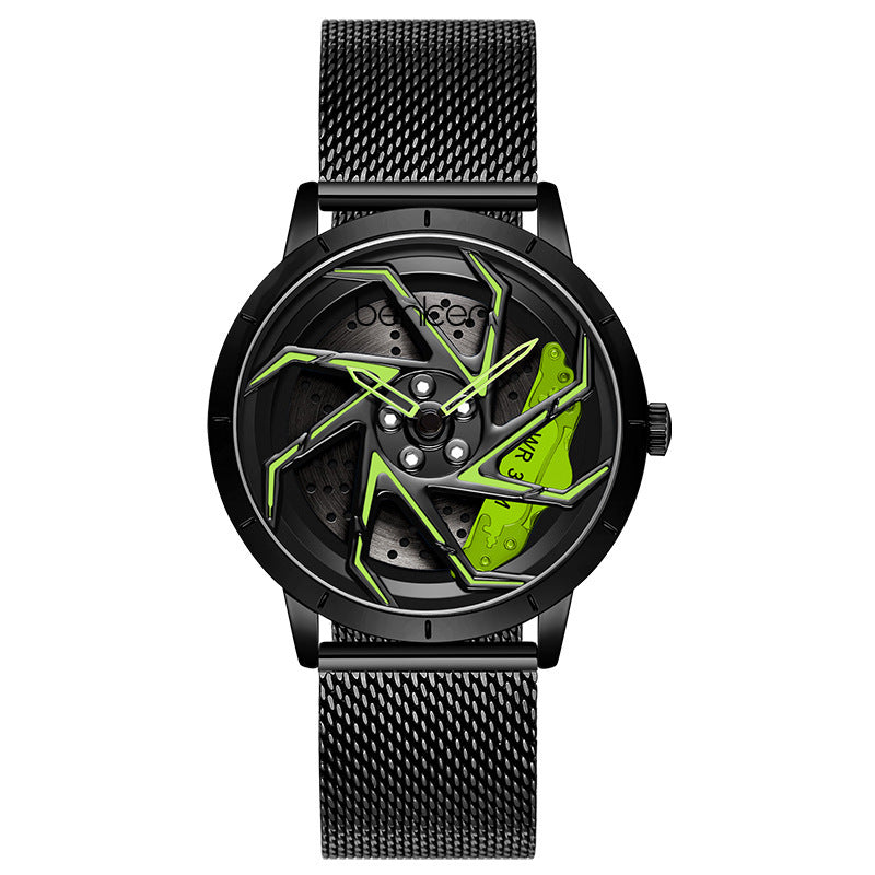 Bodeer Spinning Rim Watch Men | 3D Red Turbine Wheel Dial | Silver Stainless Steel Bracelet | Racing Car Enthusiast Watch