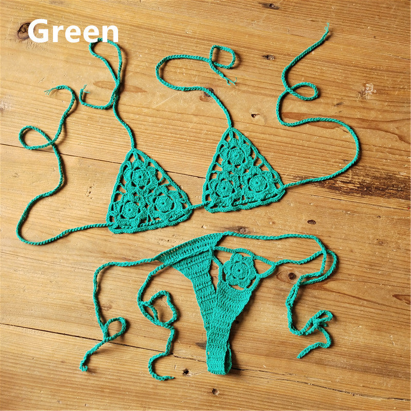 Set bikini micro all'uncinetto fatto a mano | Top a triangolo all'americana e slip perizoma estremamente mini | Costume da bagno stringato da donna in stile Boho, vari colori