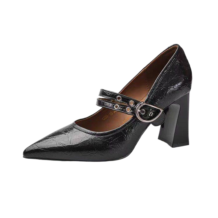 Black Crinkle Patent Leather Mary Jane Block Heels | Pointed Toe Double Buckle Strap Pumps for Women | Vintage Retro Office Party Shoes