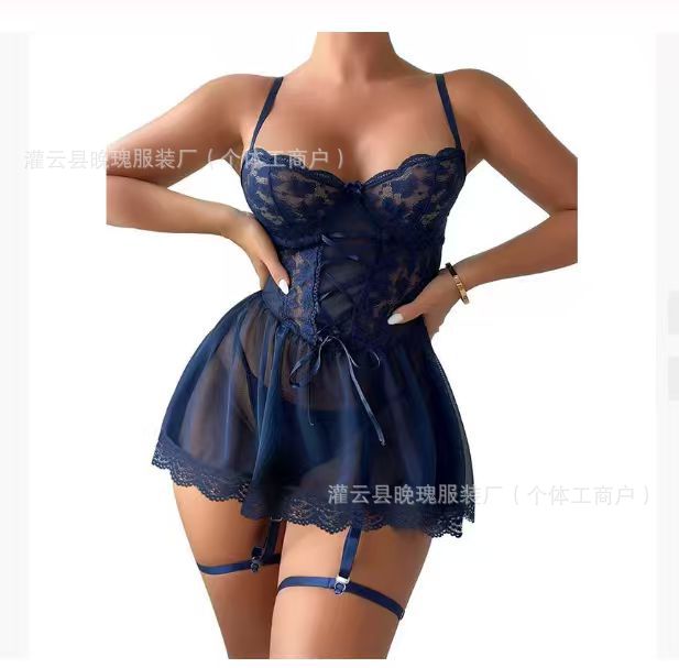 Women's Black Lace Mesh Babydoll Lingerie Set with Garter Straps ? Sheer Corset Style Nightgown & Leg Harness