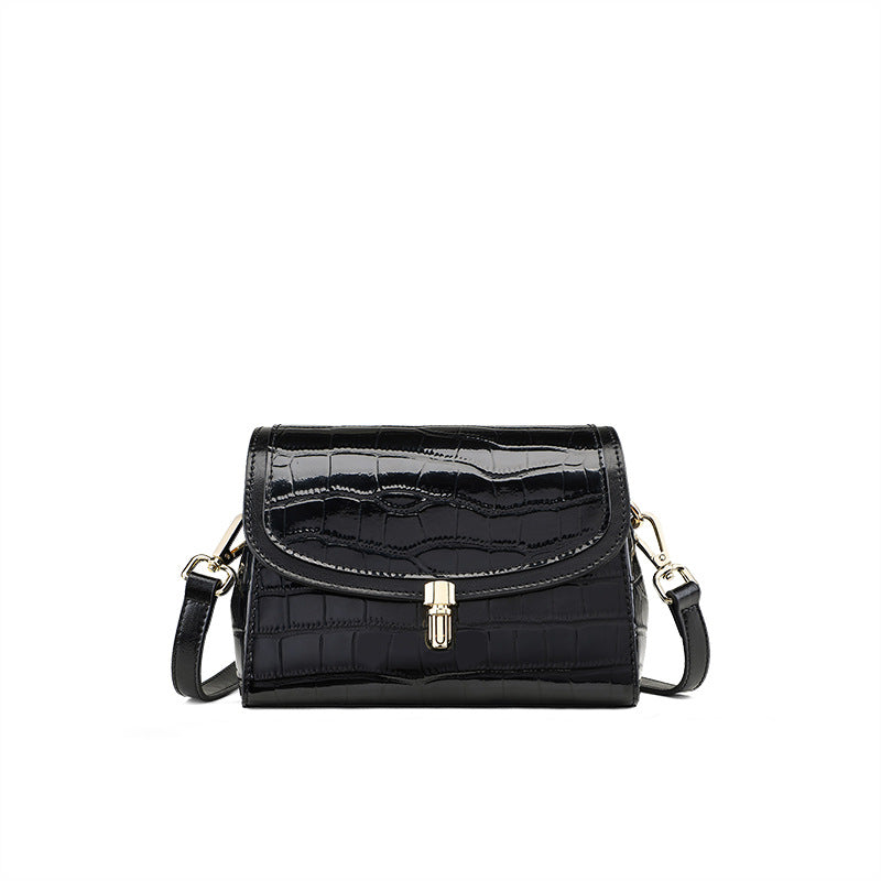 Black Crocodile Embossed Leather Crossbody Bag - Structured Flap Shoulder Bag with Lock Closure | Women's Classic Handbag