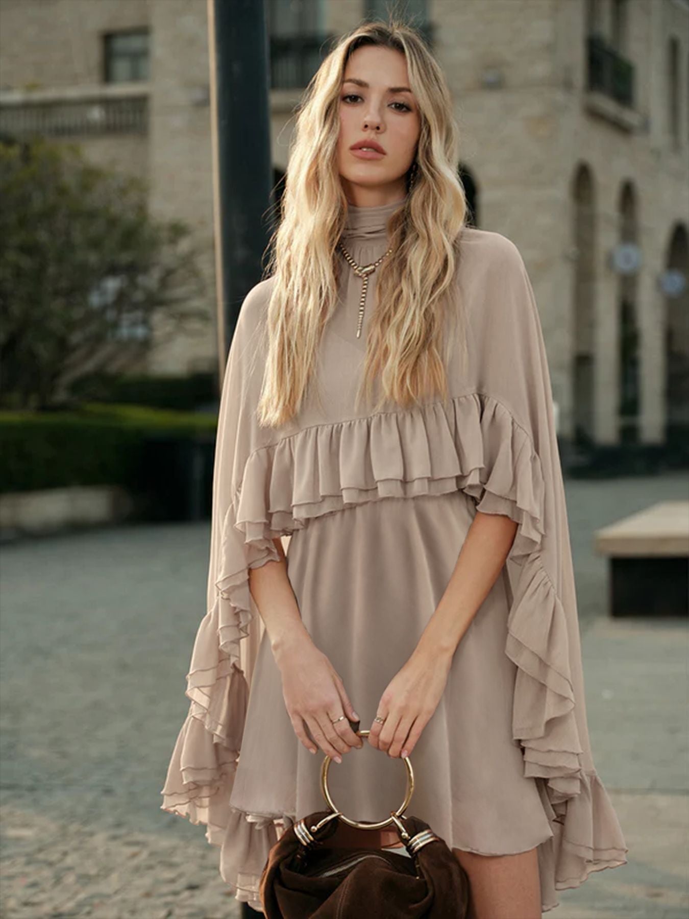 Brown Chiffon Ruffle Mini Dress | Mock Neck Long Sleeve Tiered Ruffle Flowy Short Dress for Women