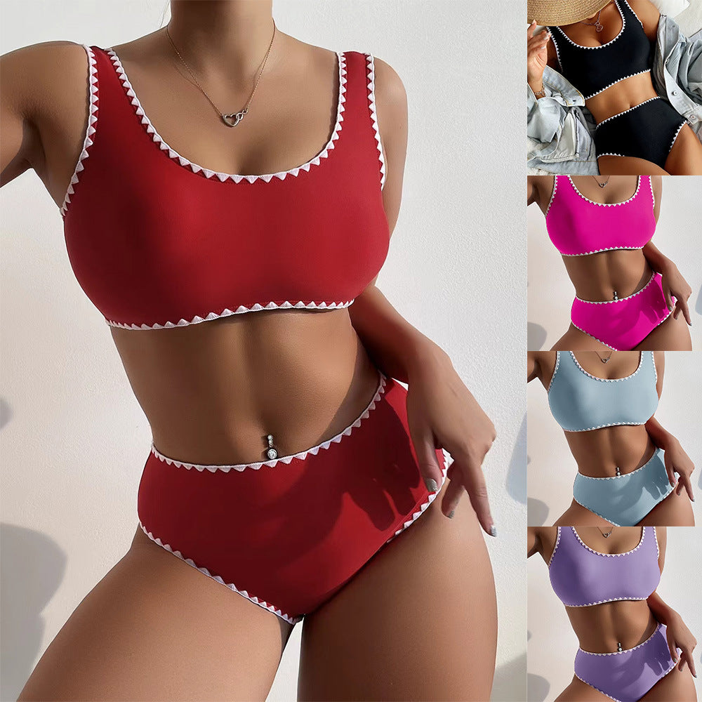 Women's Black Two Piece Bikini Set - Scoop Neck Crop Top & High Waist Bottoms with White Zigzag Trim Detail - Sporty Chic Swimsuit for Beach, Pool & Summer Vacation