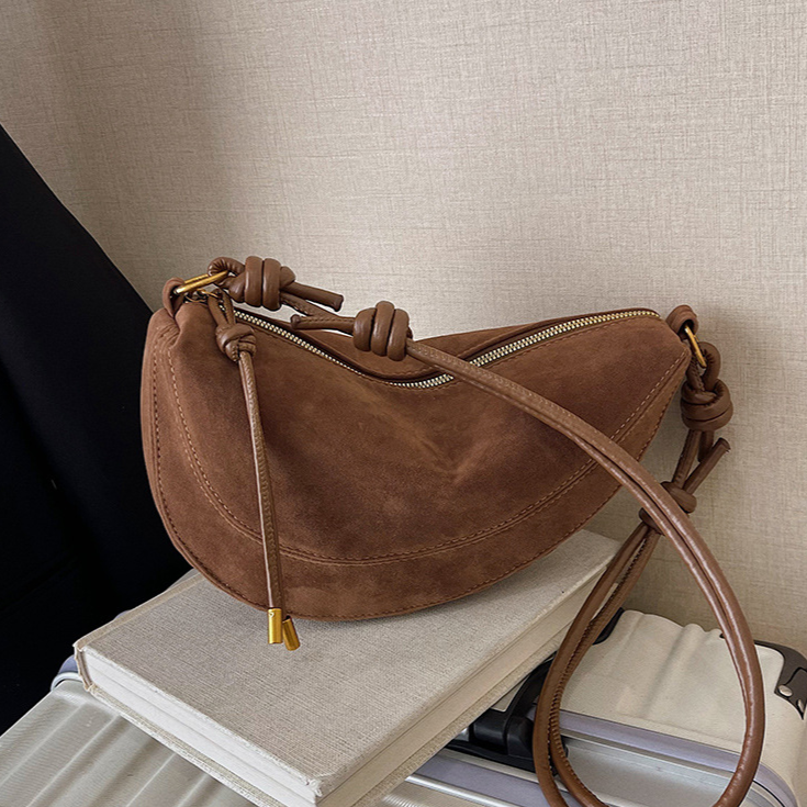 Black Suede Crescent Shoulder Bag | Knotted Strap Half Moon Hobo Bag with Gold Hardware & Charm