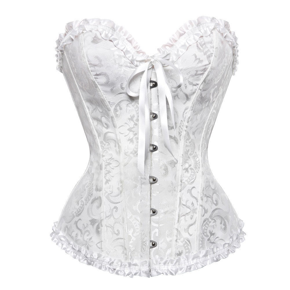 Red Brocade Overbust Corset | Black Ruffle Trim Bow Detail Boned Bustier Waist Cincher Women Halloween Burlesque Corset Top