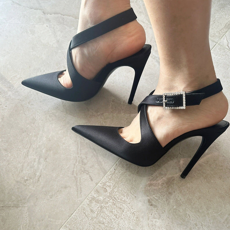 Black Satin Glitter Mesh Pointed Toe Slingback Stiletto Pumps with Crystal Rhinestone Square Buckle | Elegant Luxury Evening Heels for Women