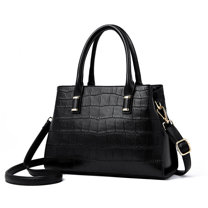Black Crocodile Embossed Handbag with Gold Hardware | Small Structured Tote Bag