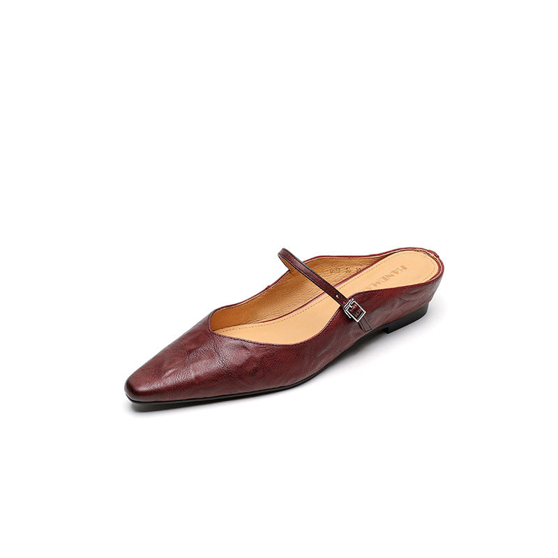 Handmade Leather Pointed Toe Mule Sandals for Women | Buckle Strap Flat Mules | Available in Black Beige Burgundy | Elegant Artisan Leather Flat Shoes | Luxury Handcrafted Mules