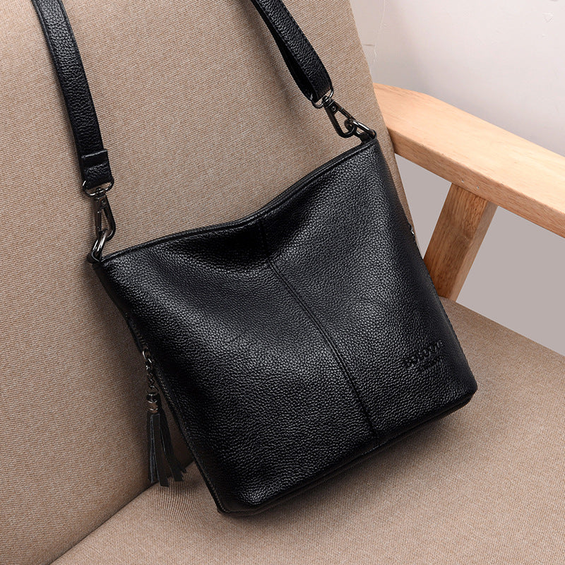 Black Pebbled Leather Crossbody Bag with Tassel | Hobo Shoulder Bag
