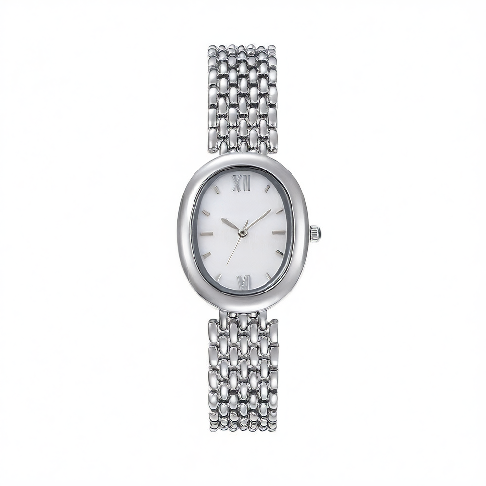Oval Mother of Pearl Watch Women | Blue Shell Dial Roman Numerals | Silver Brick Bracelet | Elegant Quartz Dress Watch