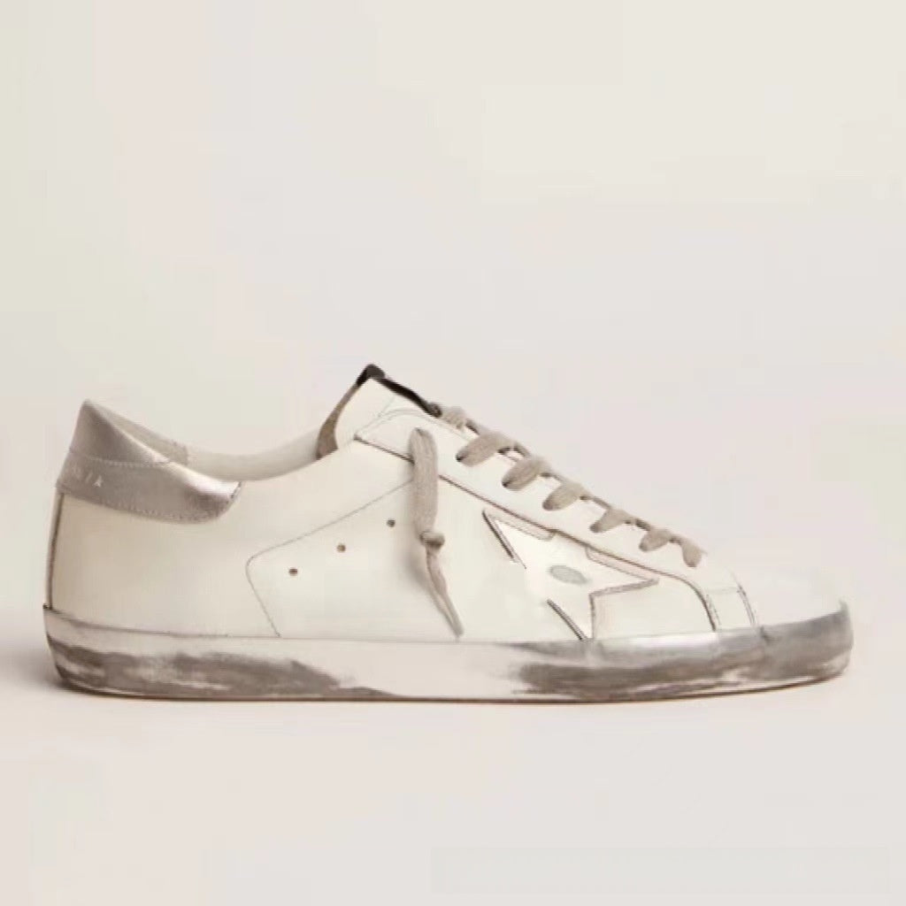 Women's White Distressed Star Patch Low Top Sneakers ? Vintage Worn Look Leather Style Lace-Up Shoes