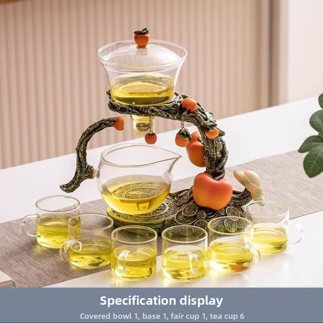 Chinese Automatic Glass Tea Set | Persimmon Tree Lucky Design | Magnetic Rotating Infuser | 6 Cups & Tea Tray | Kung Fu Gongfu Tea Ceremony Gift