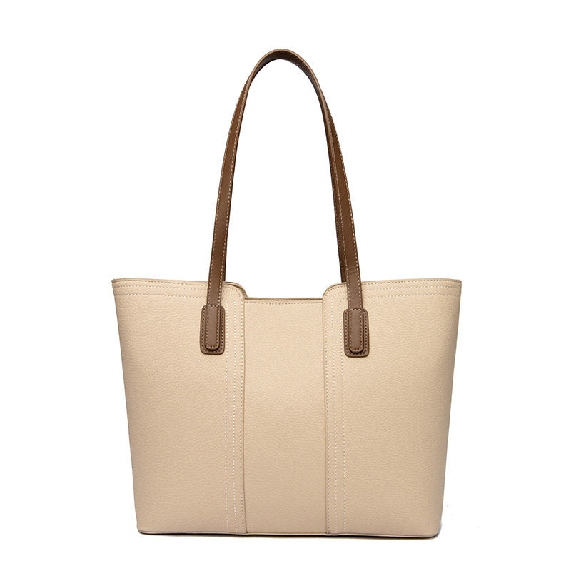 Cream Beige Leather Tote Bag with Brown Handles | Two-Tone Shoulder Bag