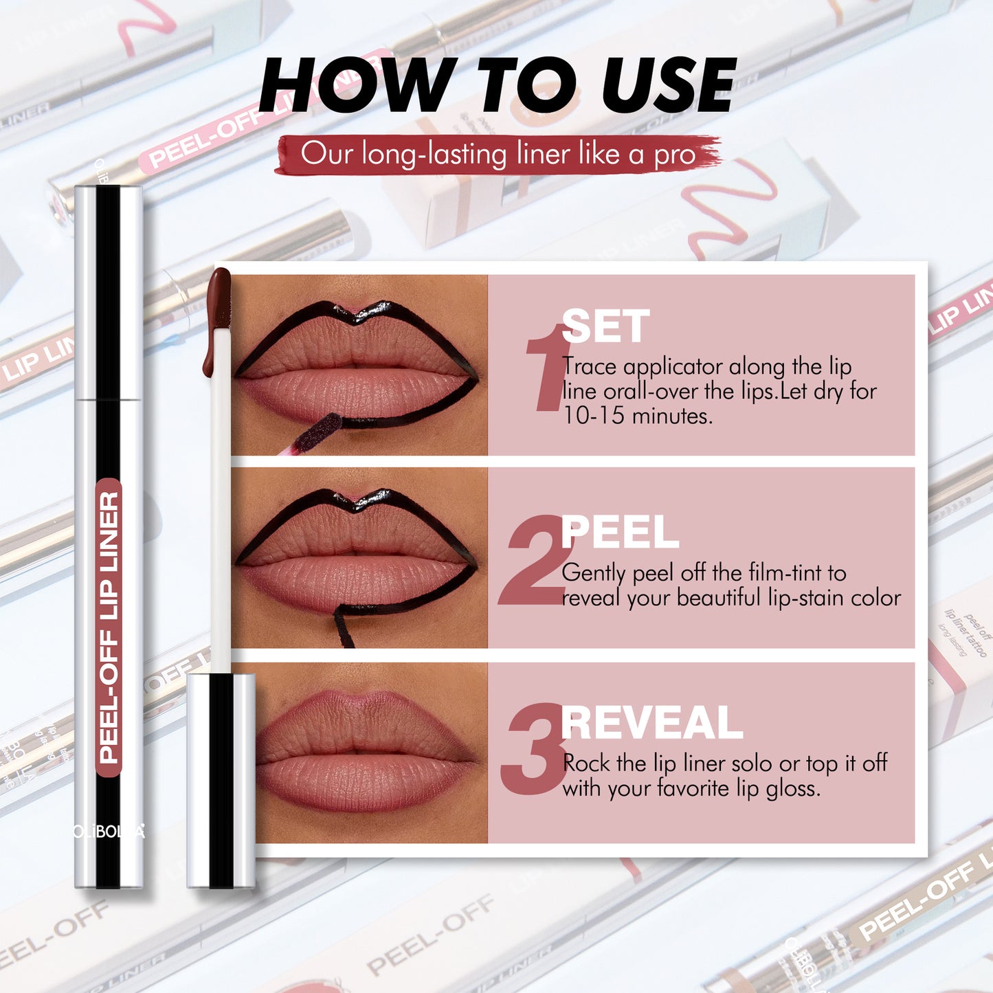 OLIBOLLA Professional Peel-Off Lip Liner | 8 Colors | Long Lasting Liquid Lip Liner Pen
