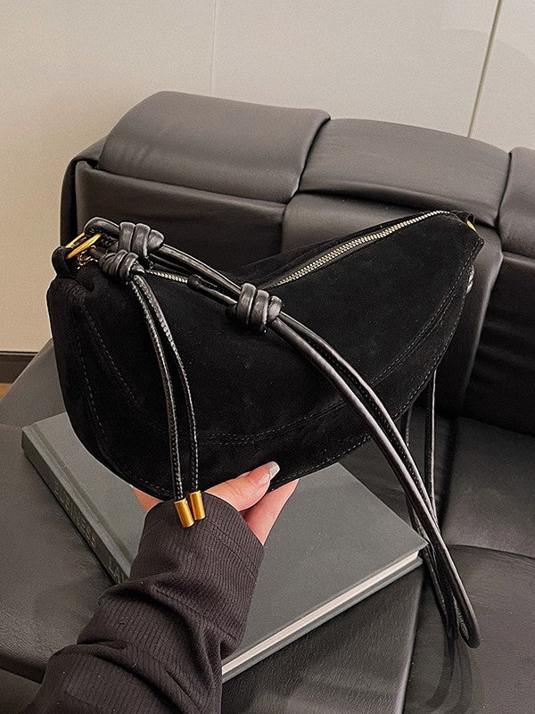 Black Suede Crescent Shoulder Bag | Knotted Strap Half Moon Hobo Bag with Gold Hardware & Charm
