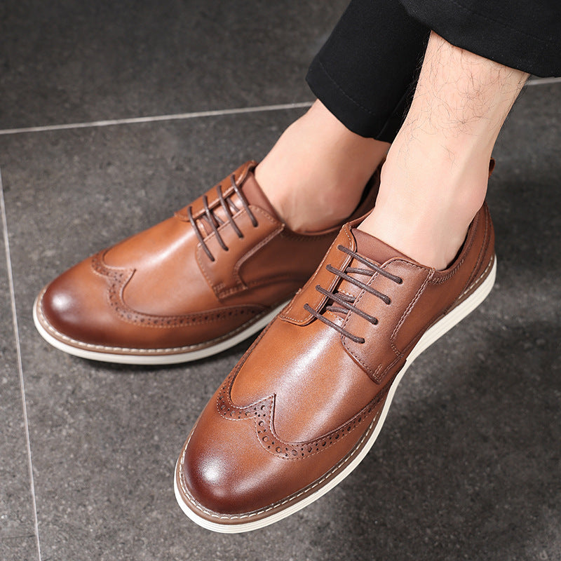 Men's Brown Leather Brogue Oxford Shoes | Wingtip Lace-Up Casual Dress Shoes with White Chunky Sole | Smart Casual Derby Shoes