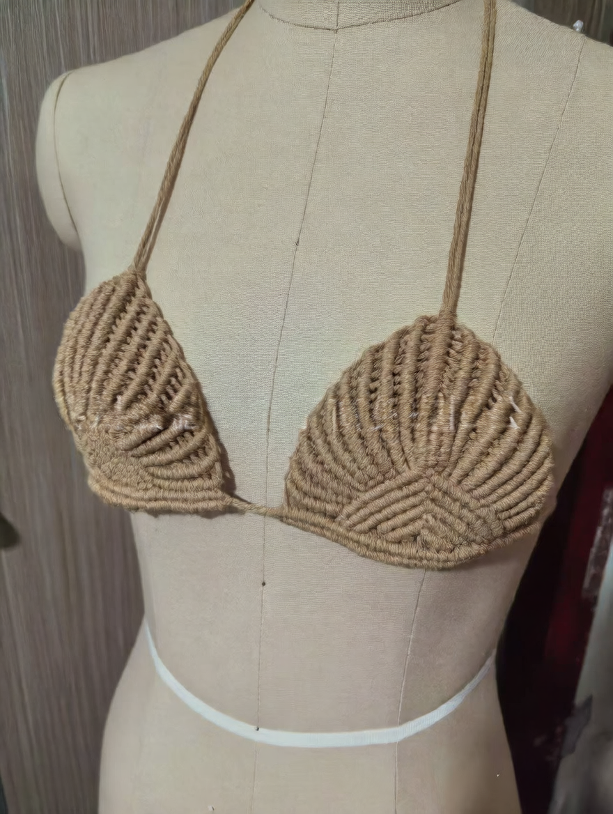 Gold Crochet Macrame Bikini Set Triangle Halter Top Net Fringe Wrap Skirt Boho | Women Three Piece Swimwear Beach Vacation Resort Luxury Summer
