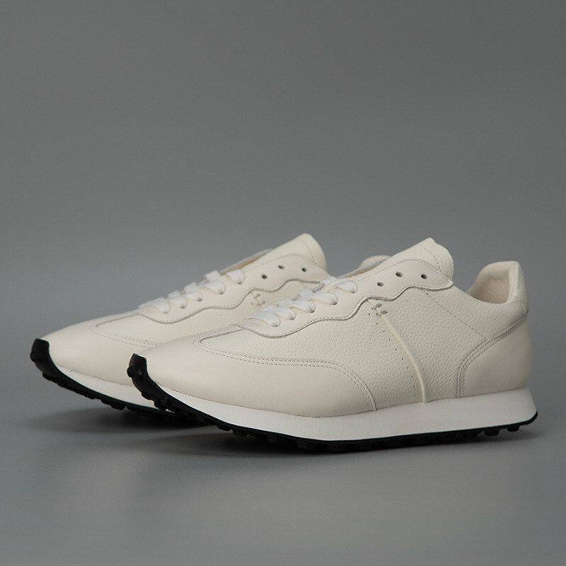 Cream Leather Retro Runner Sneakers | Minimalist Off White Lace-Up Casual Trainers | Vintage Style Low Top Leather Sneakers | Quiet Luxury Everyday Running Shoes