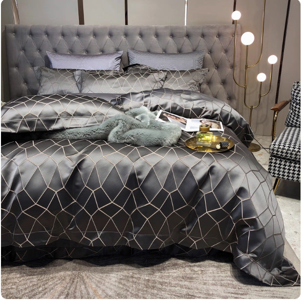 Luxury Black Gold Jacquard Satin Bedding Set, Silky Smooth Duvet Cover with Pillowcases for King Queen Bed