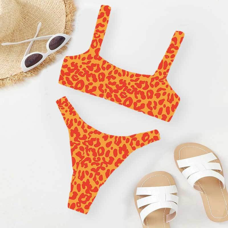 Colorful Leopard Print Bikini Set, Square Neck Crop Top & High Cut Bottom, Women Two Piece Swimwear, Multi Color Animal Print Swimsuit, Beach Vacation Bathing Suit