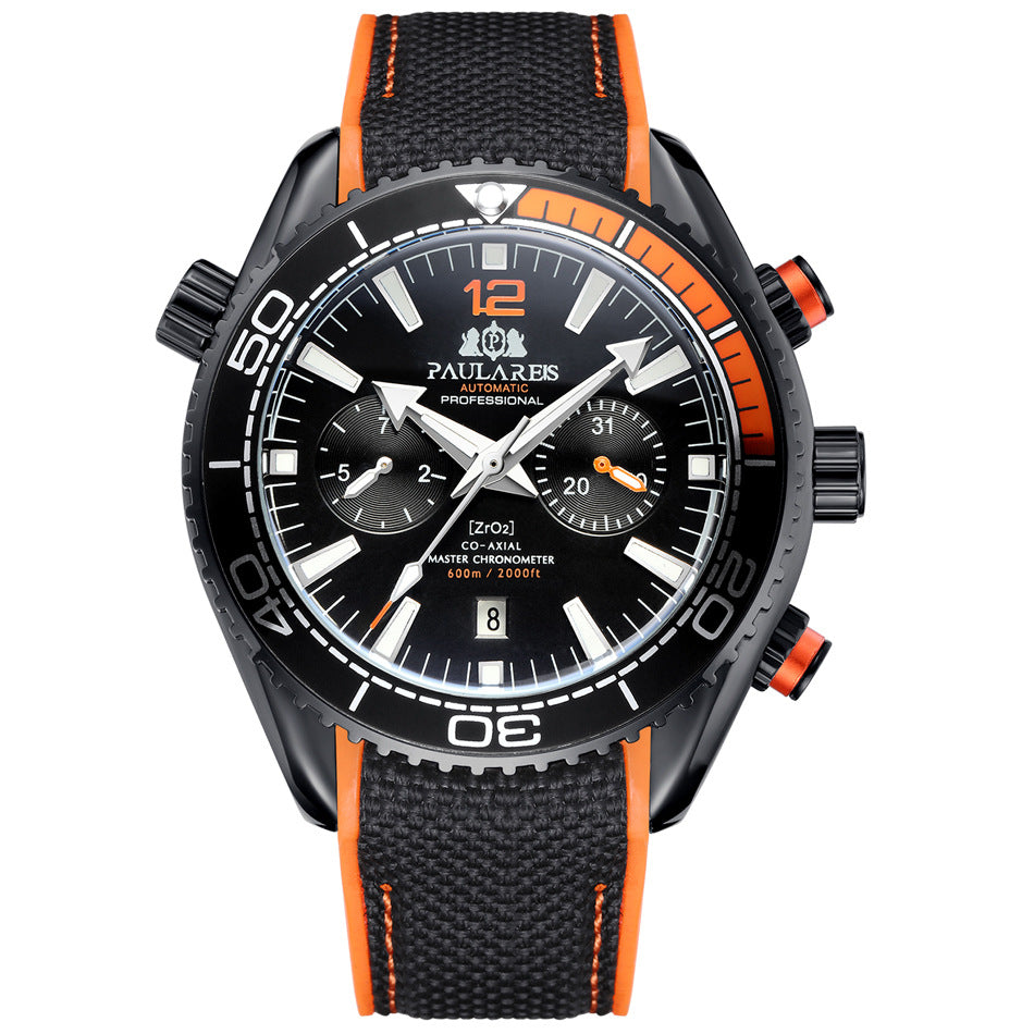 Paulareis Automatic Professional Diver Chronograph Watch | ZrO2 Co-Axial Master Chronometer 600m | Black & Orange Rubber Strap Men's Watch