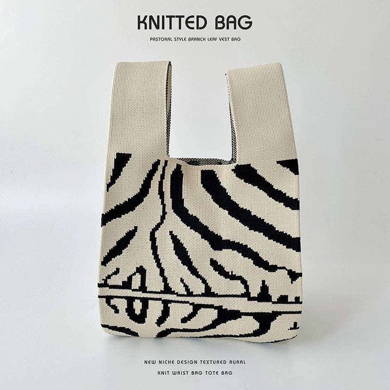 Black & White Geometric Knit Tote Bag | Aztec Pattern Wrist Handle Handbag | Boho Crochet Style Women's Bag