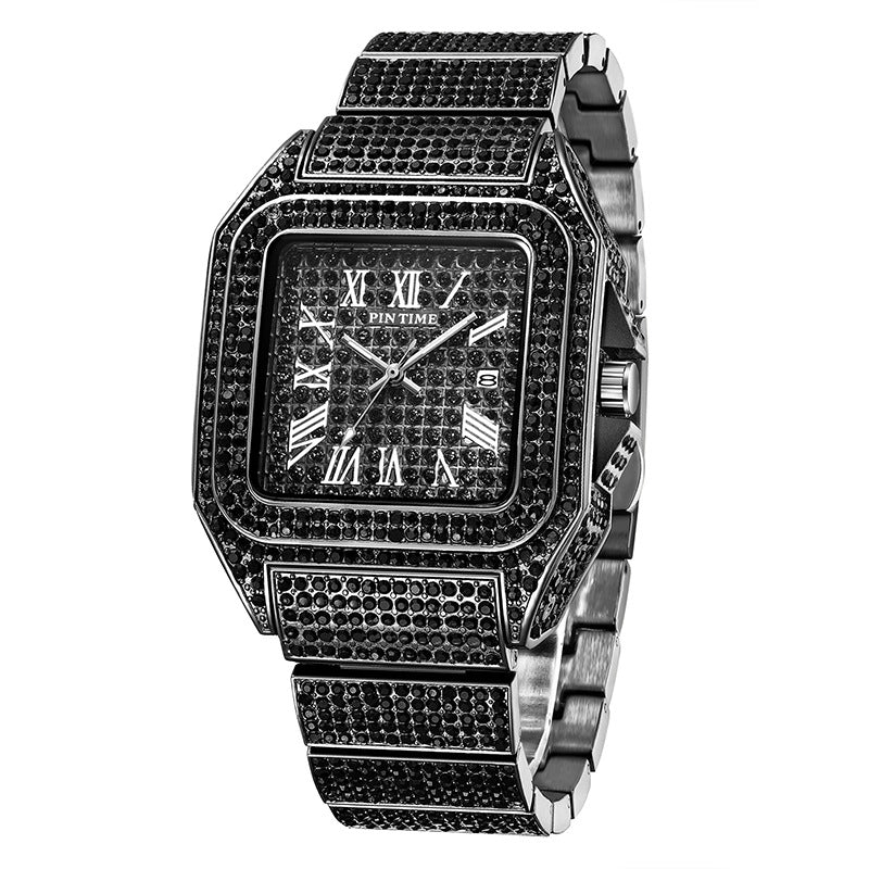 Pin Time Men's Full Iced Out Square Watch | Silver CZ Pave Roman Numeral Santos Style Hip Hop Watch with Date