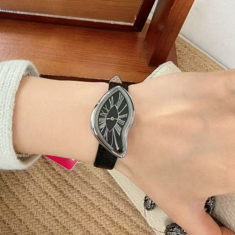Salvador Dali Inspired Melting Watch | Surrealist Asymmetric Gold Case Women's Watch | Roman Numeral Leather Strap