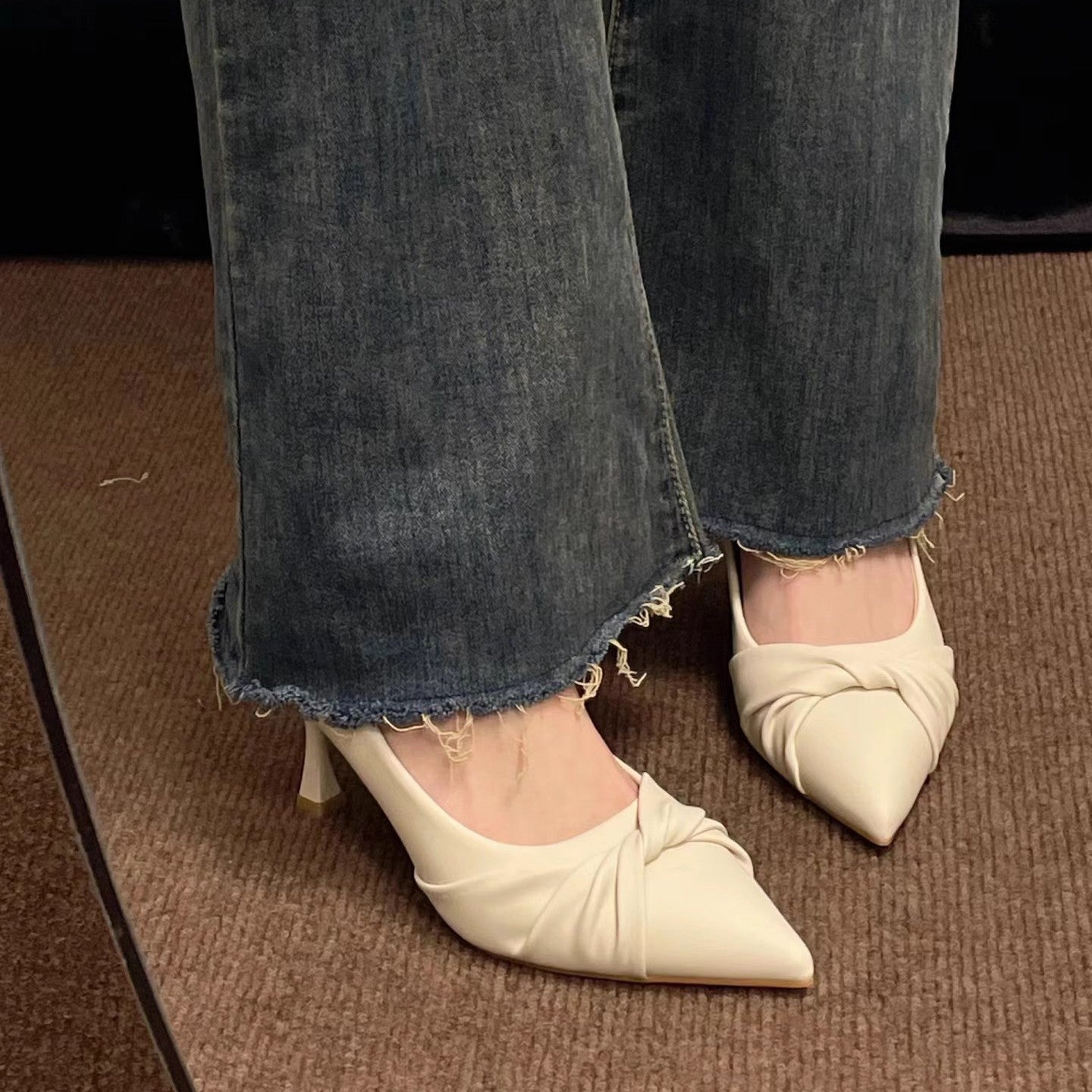 Beige Twisted Knot Pointed Toe Kitten Heel Pumps | Women's Sculptural Spool Heel Slip-On Leather Shoes | Elegant Minimalist Heels